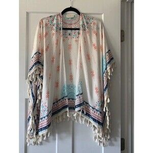 Bobbie Brooks Women's White Colorful Print Shawl Kimono One Size Boho